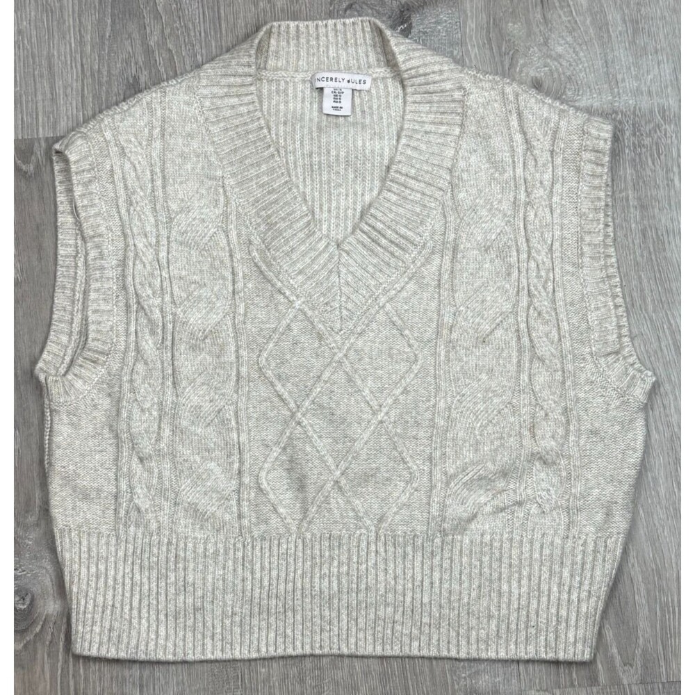 Sincerely Jules Small Cable Knit Sweater Vest Heathered Cream Cottage Academia